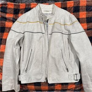 Vintage Wilsons Leather Motorcycle Distressed White Jacket with Yellow Accents